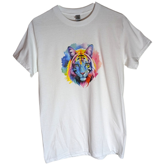 Bright Rainbow Tiger Graphic Tee Shirt White - Size M - All Genders - Picture 1 of 6